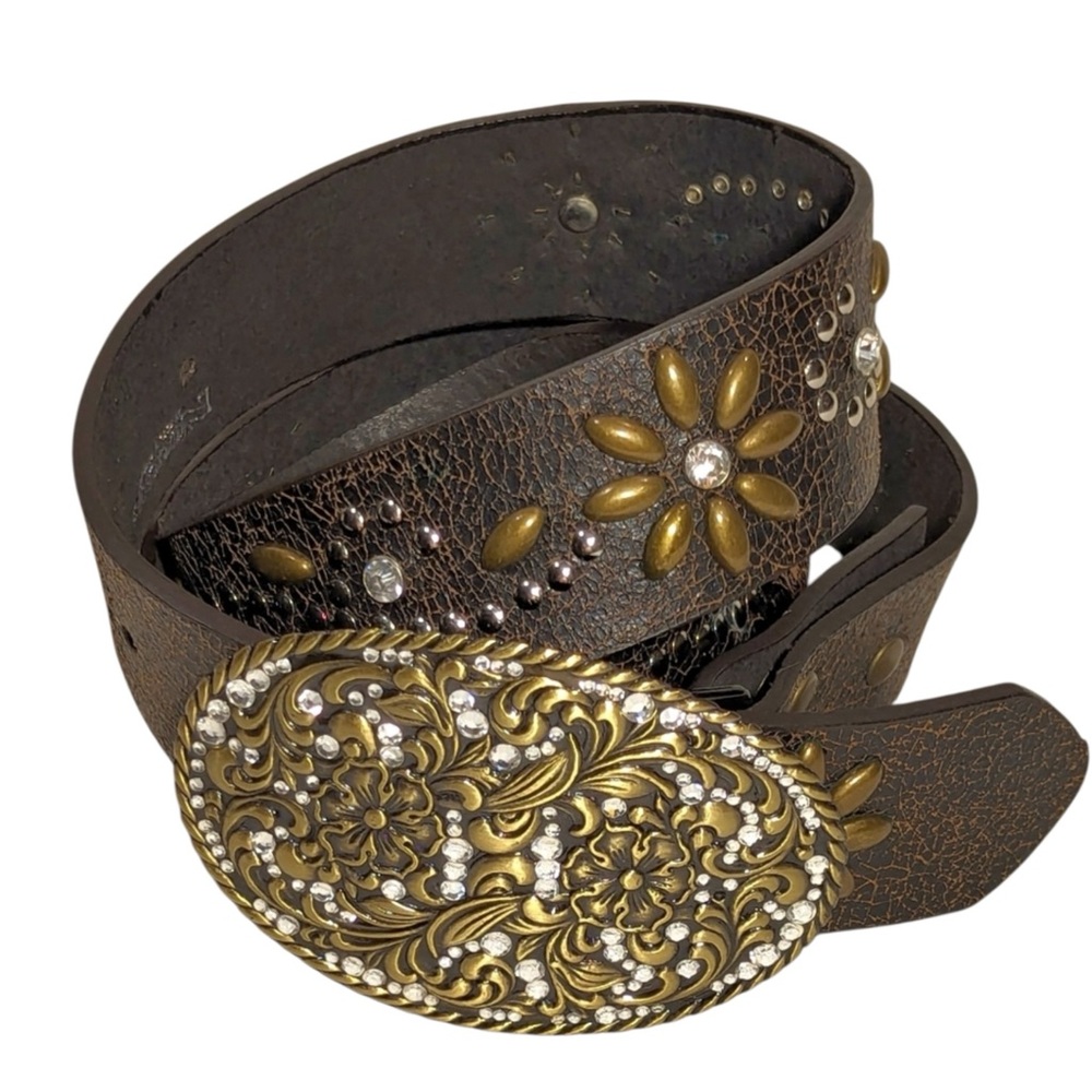 Nocona Mocha Crackle Leather Flower Crystal Studs Buckle & Belt Size Large